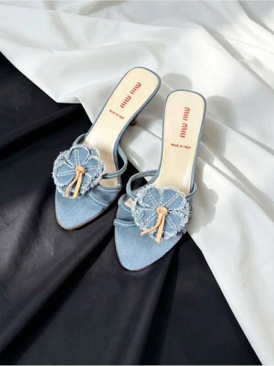 Miu Miu Shoes - Miu Miu Light Blue Denim Floral Knot Slide Mules